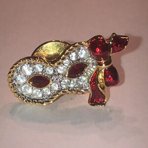 Swarovski Gold Tone and Red Enamel Bow Brooch Tiny Scatter Pin